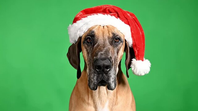 Great Dane dog wearing a festive Santa hat on a vibrant green screen background, looking directly at the camera.
