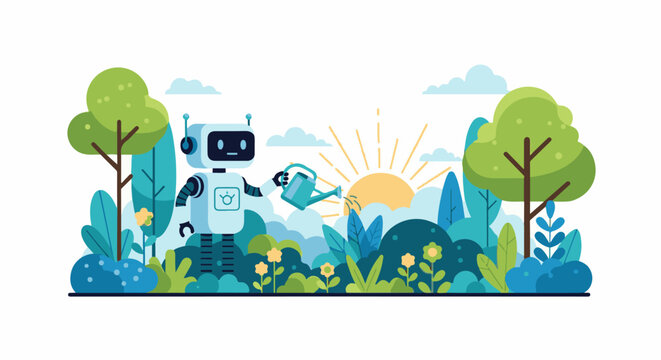 A robot waters a flourishing garden with a watering can under a sunny sky