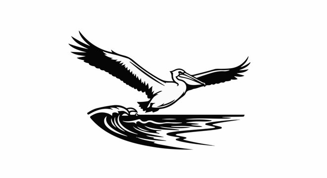 A stylized black and white illustration of a pelican in flight above a wavy ocean