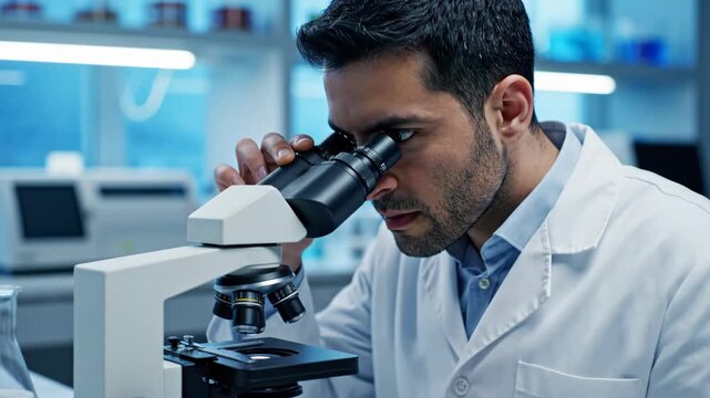 Male Research Scientist in White Lab Coat Adjusting and Looking Through a Microscope in a Lab