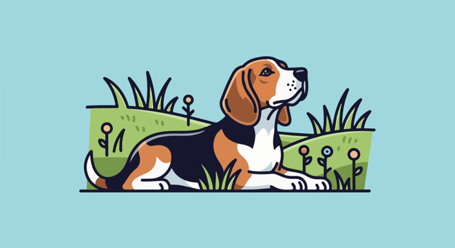 A playful beagle rests peacefully in a grassy field with small flowers