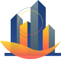 Obraz premium Modern minimalist geometric city skyline logo with abstract colorful skyscrapers and curved artistic design Illustration