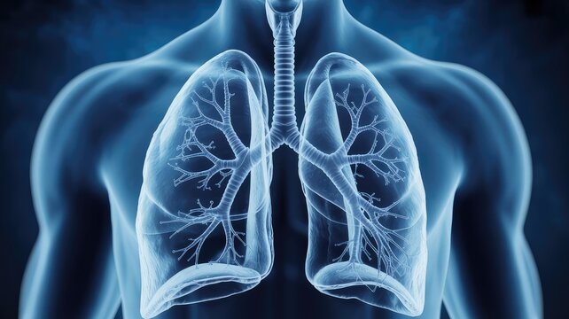 Detailed anatomical visualization showing human lungs and internal respiratory system structures with clear blue translucent biological glow effects