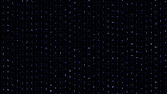 Visual representation of blue letters descending vertically against a black background, evoking themes of computer technology, artificial intelligence, and digital data streams.