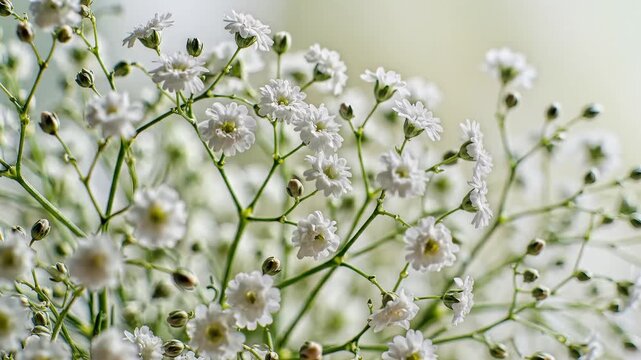 Closeup of delicate white babys breath flowers in soft light.