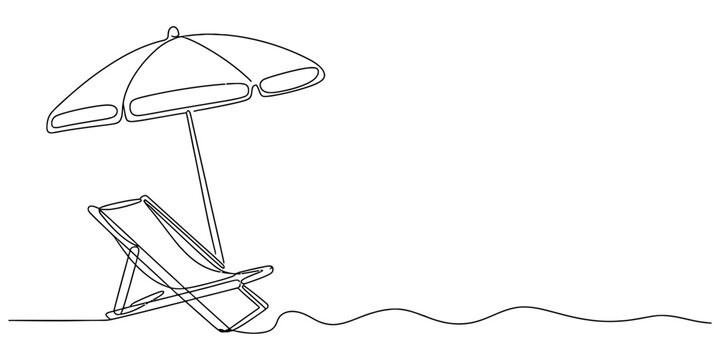Continuous single line drawing of a beach chair and umbrella for summer vacation holiday concept in simple minimal artistic style design Vector, illustration