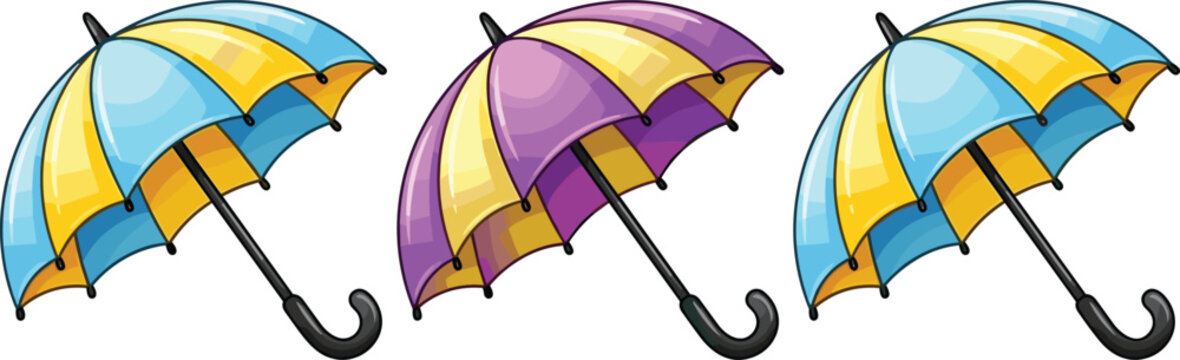 Colorful Umbrella Collection Set with Striped Rain Protection Accessories Vector Illustration for Weather Design, Autumn Season, Rainy Day and Outdoor Equipment