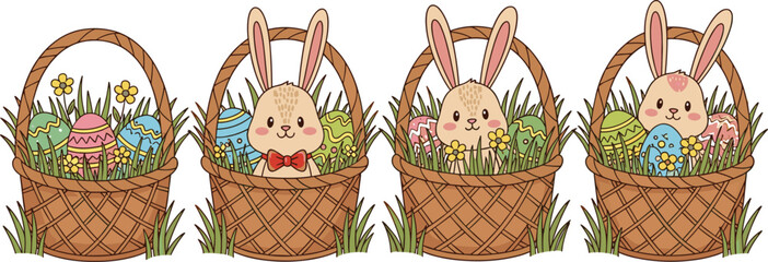 Kawaii Cartoon Easter Bunny and Egg Basket Set Featuring Cute Rabbits with Decorated Eggs, Spring Flowers, and Woven Baskets for Holiday Greeting Cards and Kids' Graphic DesignsKawaii Cartoon Easter B © Sonjoy