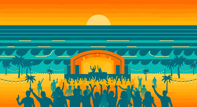 Vibrant outdoor concert scene with silhouetted crowd enjoying music on a sandy beach during sunset with palm trees and festive lighting overhead creating a lively atmosphere for summer night
