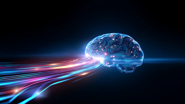 Abstract digital brain with glowing connections and vibrant data streams, representing artificial intelligence, technology, and rapid thought processing
