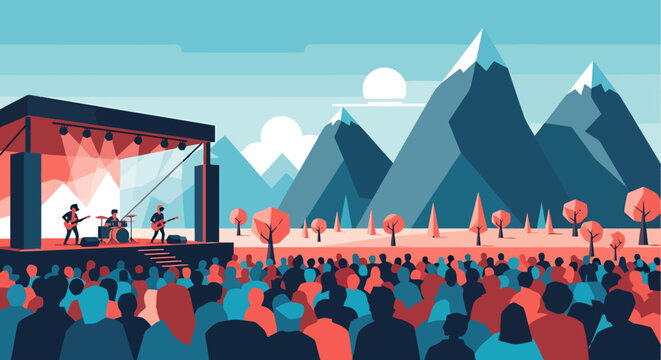 Outdoor live music concert festival event with a band performing on stage to a large enthralled audience gathered in a scenic natural landscape with mountains and trees under a clear daytime sky