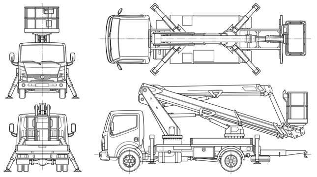 Cherry picker technical drawing blueprint with front side back and top views CAD line art vector illustration