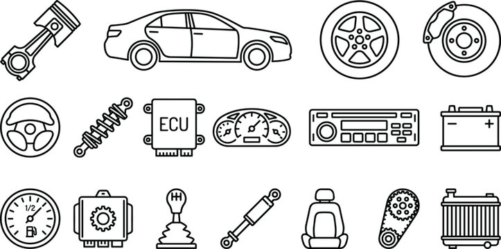 Automotive Car Parts and Dashboard Line Icon Set Featuring Piston ECU Battery Brake Wheel Suspension Gear and Vehicle Control Symbols