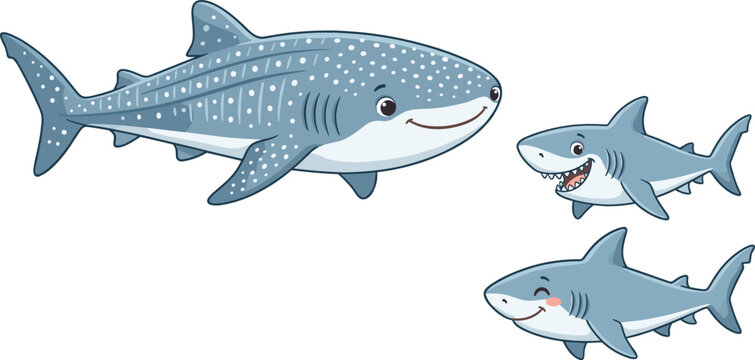 Cute Cartoon Shark Mascot Character Set Featuring Friendly Whale Shark and Blue Sharks with Happy Smiling Faces for Kids Ocean Life and Nursery Digital Designs