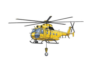 Fototapeta premium Detailed illustration of a yellow utility helicopter with a hanging hook and cargo net, ready for rescue or transport operations