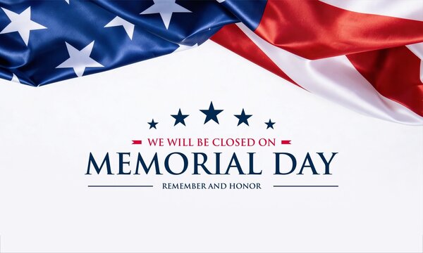 Traditional American Flag Waving with Memorial Day Closed Sign and Stars