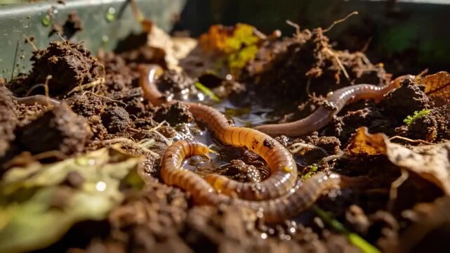 Wriggling earthworms stretching, sliding across wet soil in green rim tray after rain, with puddles