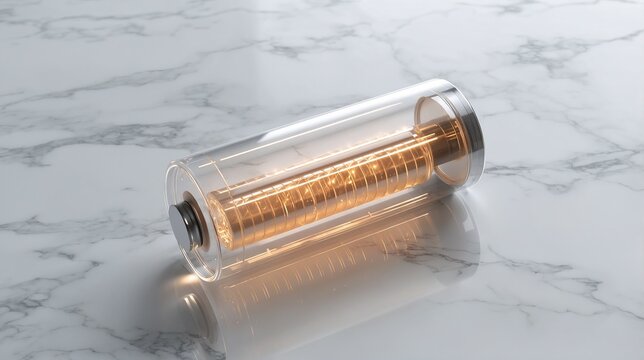 Futuristic glass solid-state battery cell with glowing neon gold lithium-metal layers