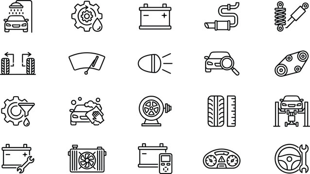 Automotive Car Service and Maintenance Line Icon Set Featuring Battery Exhaust Suspension Tire Dashboard Diagnostics Washing and Repair Equipment Symbols