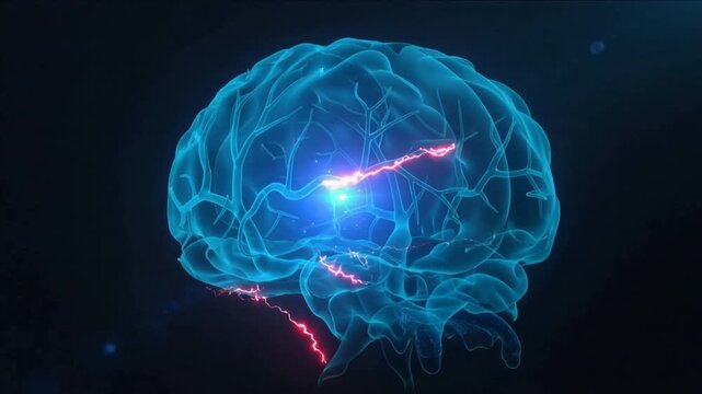 Pulsing stylized brain showing core node firing pink arcs along lower back to show neural flow