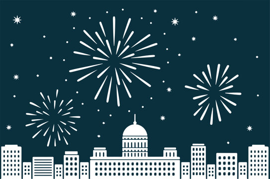 White fireworks explode over a city skyline with a domed building