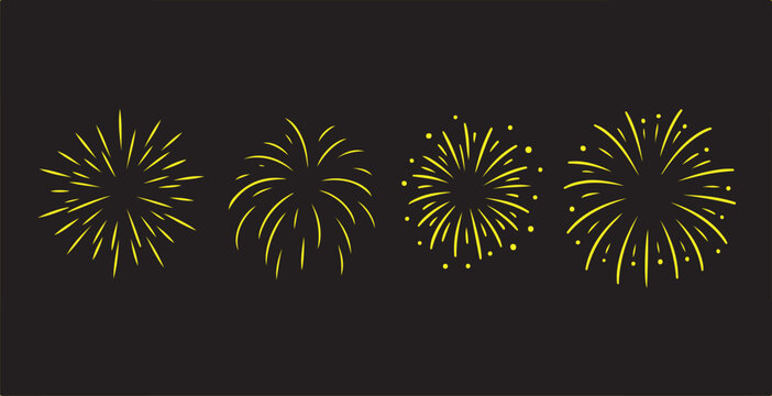 Four yellow fireworks bursts on a black background