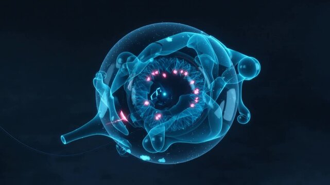 Pulsing cyan sphere reacting in blue void to right-side blue flare magenta ring pulsing left tube