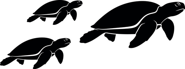 Three sea turtles swimming gracefully a black silhouette illustration for marine conservation awareness © MD. MAMUNAR RASHID