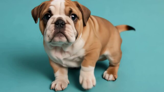 Studio portrait of a curious English bulldog puppy with wrinkled face and soulful eyes, standing and looking upward on a teal background, showing its compact build and playful pose