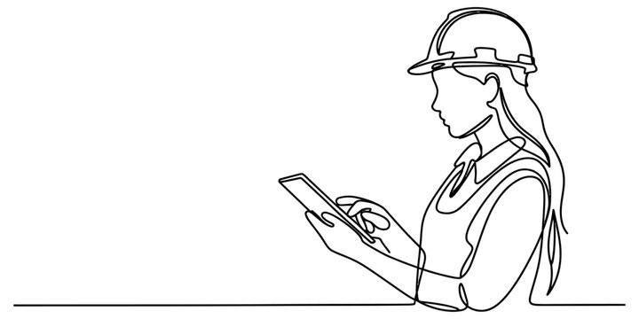Continuous one line drawing of a female construction engineer wearing a hard hat and holding a digital tablet for site inspection work Vector, illustration