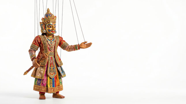 Colorful carved wood king marionette gesturing on white background.