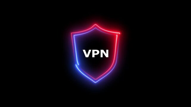 Animated VPN shield logo with neon red and blue glowing outline effect on black background.
