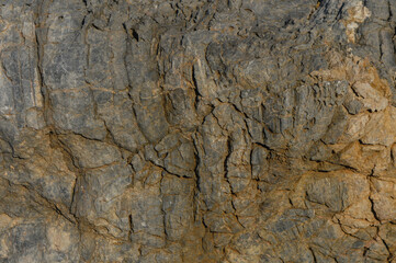 Naklejka premium Textured rock face showcasing natural geological patterns at midday in a serene outdoor environment.