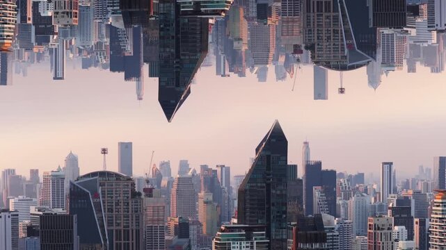 Surreal kaleidoscope cityscape flying over mirrored urban skyline with abstract buildings and futuristic architecture, creating illusion of parallel universe