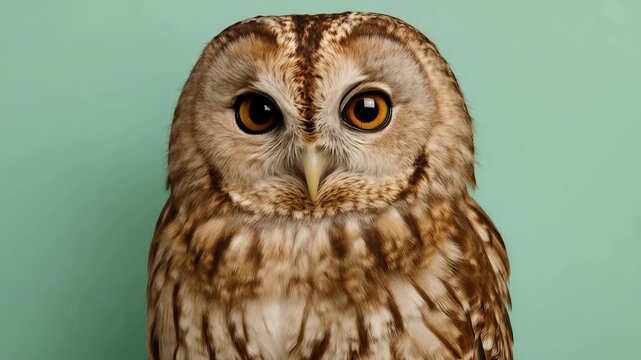 Close-up portrait of a tawny owl with mottled brown and white plumage against a soft teal background, shown in two frames with a playful wink in one and wide eyes in the other.