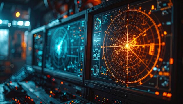 Vintage Military Radar Screen Displaying Glowing Targets In Dark Room