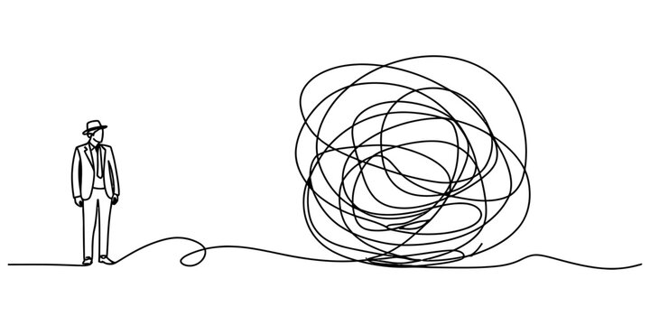 A businessman standing and looking at a large messy tangle of scribbled lines representing a complex problem or a difficult life challenge Vector, illustration
