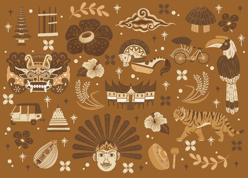 Set of Traditional Indonesian Icons, Landmarks, and Wildlife in Retro Flat Style