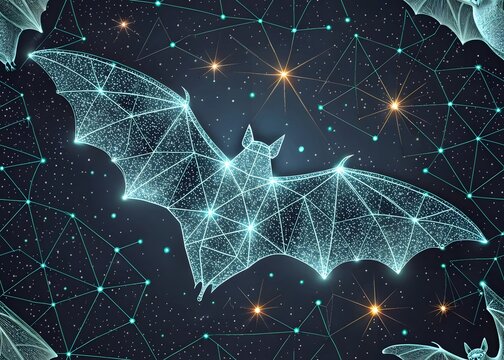 Geometric bat silhouette with glowing connections in a starry digital network and celestial orbs