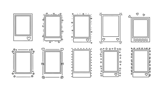Hand-drawn polaroid frames with hearts and decorative elements