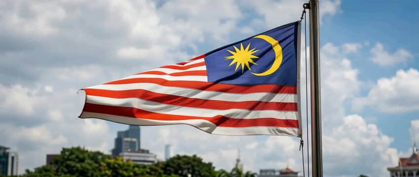 Malaysian flag (Jalur Gemilang) waving on a metal pole against a blue sky with scattered clouds above urban treetops and skyline, highlighting the crescent and fourteen-point star