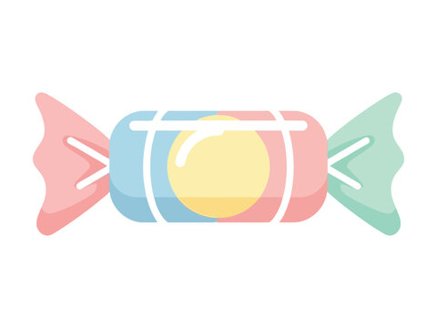 Colorful cartoon candy wrapped in pink blue and green foil on white background