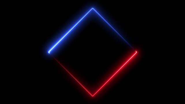 Animated diamond shape made of glowing red and blue neon lines rotates on black background.
