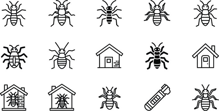 Collection of black line depicting ants and houses ant house insect pest control infestation home building