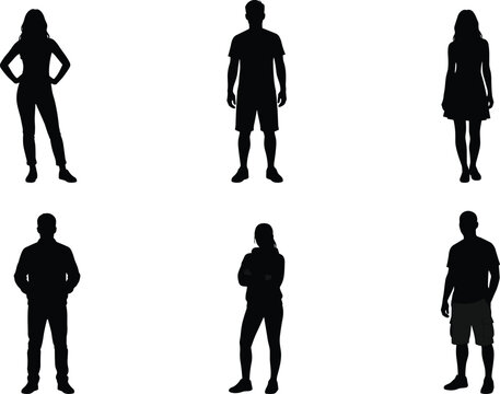 Set of men and women silhouettes in casual clothing standing in various poses isolated on white background for community lifestyle and business design