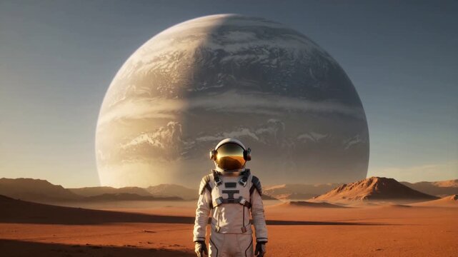 Sequence starting with astronaut in EVA suit with gold visor and pack, surveying gas-giant horizon