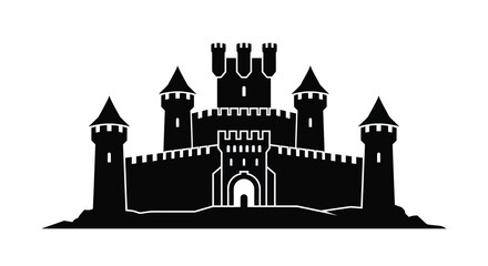 Medieval castle silhouette on a hill black and white silhouette © asma