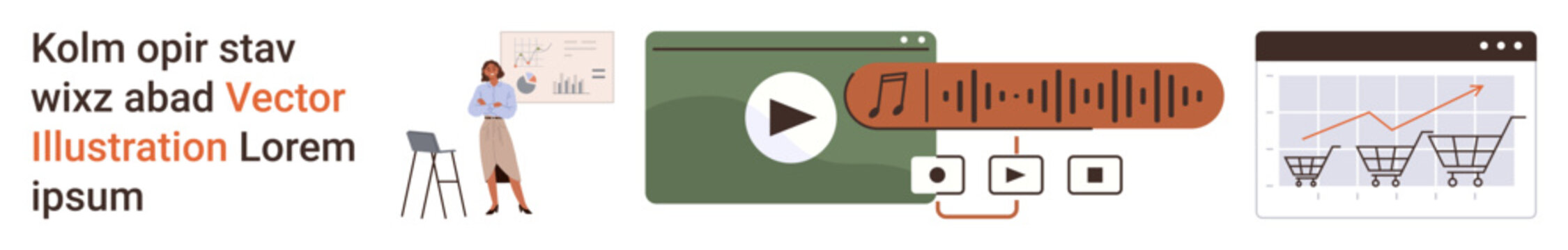 Business reporting, e-commerce, multimedia content, digital marketing, presentation tools, modern analytics. A person presenting analytics, a media player and charts with shopping carts. Business
