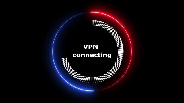 Vpn connecting animation with loading bar, fast secure connection established, internet privacy software. Futuristic Neon Blue Circle Loading Indicator with VPN Connecting Text.