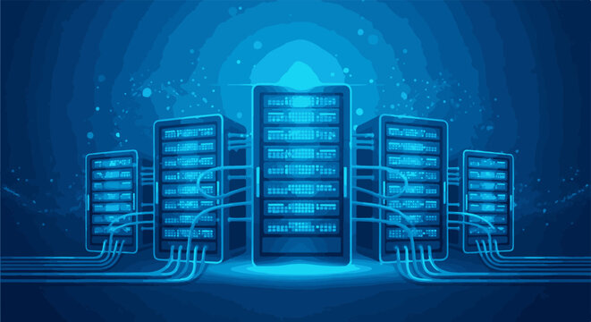 A blue, digital network of servers glows in a futuristic, abstract setting